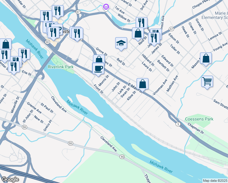 map of restaurants, bars, coffee shops, grocery stores, and more near 31 John Street in Amsterdam