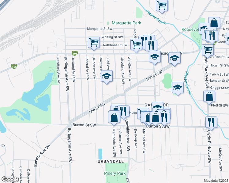 map of restaurants, bars, coffee shops, grocery stores, and more near 1811 Martindale Avenue Southwest in Wyoming