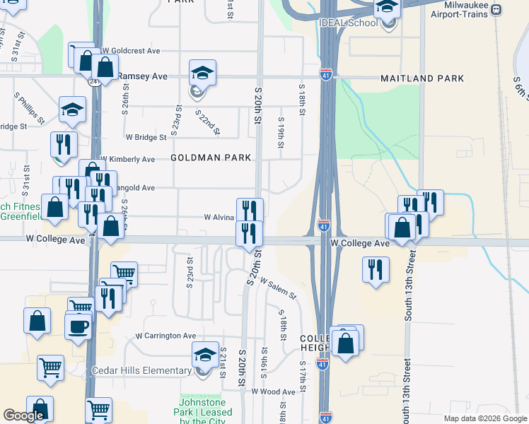 map of restaurants, bars, coffee shops, grocery stores, and more near 6244 South 20th Street in Milwaukee