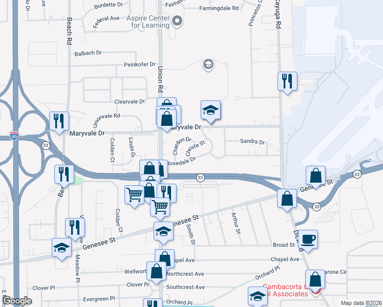 map of restaurants, bars, coffee shops, grocery stores, and more near 17 Christa Street in Buffalo