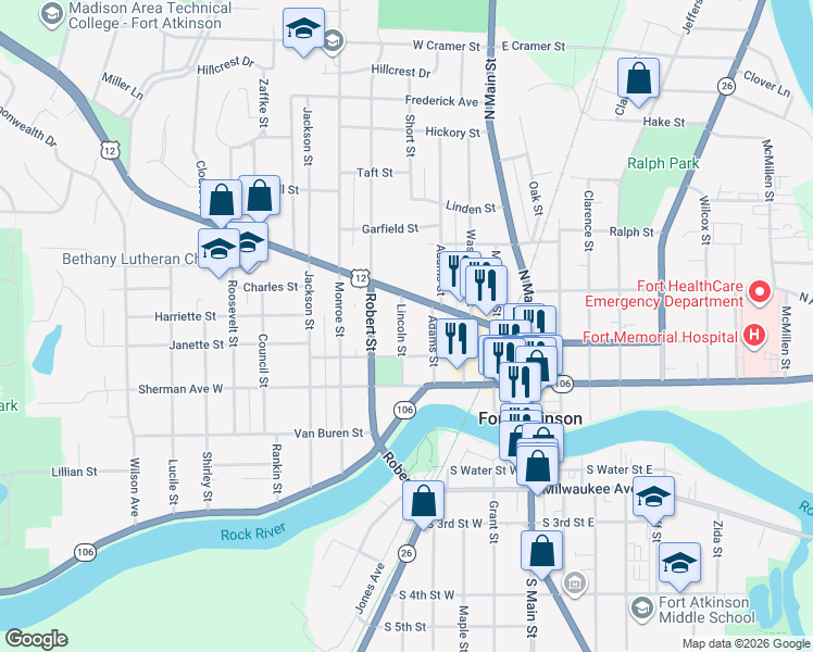 map of restaurants, bars, coffee shops, grocery stores, and more near 318 Lincoln Street in Fort Atkinson