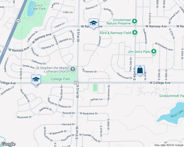map of restaurants, bars, coffee shops, grocery stores, and more near 5958 Sycamore Street in Greendale