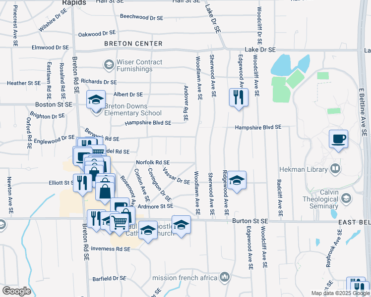 map of restaurants, bars, coffee shops, grocery stores, and more near 1730 Andover Ln SE in Grand Rapids