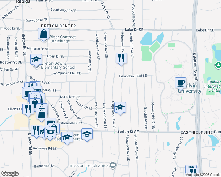 map of restaurants, bars, coffee shops, grocery stores, and more near 1731 Ridgewood Avenue Southeast in Grand Rapids
