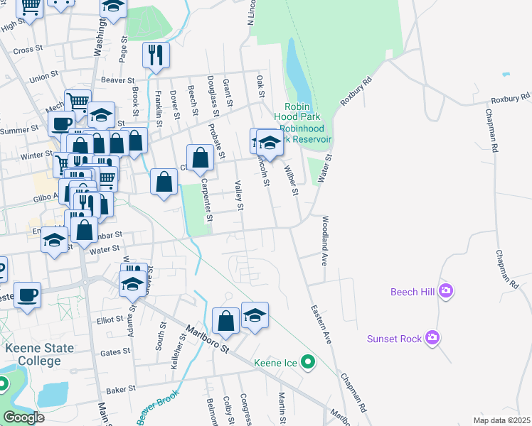 map of restaurants, bars, coffee shops, grocery stores, and more near 171 South Lincoln Street in Keene