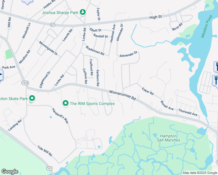 map of restaurants, bars, coffee shops, grocery stores, and more near 384 Winnacunnet Road in Hampton