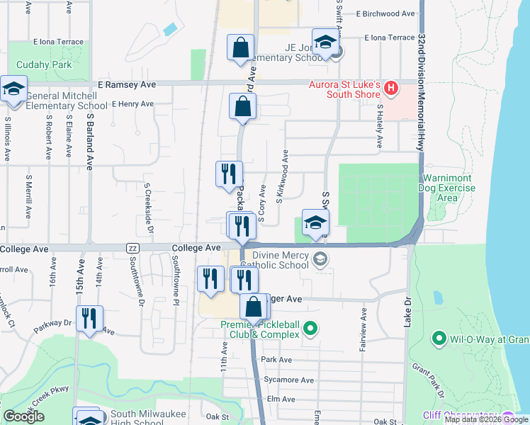 map of restaurants, bars, coffee shops, grocery stores, and more near 6216 South Cory Avenue in Cudahy