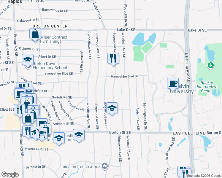 map of restaurants, bars, coffee shops, grocery stores, and more near 1731 Edgewood Avenue Southeast in Grand Rapids