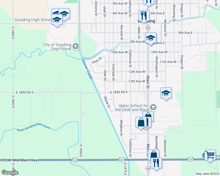 map of restaurants, bars, coffee shops, grocery stores, and more near 506 14th Avenue West in Gooding