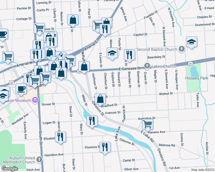 map of restaurants, bars, coffee shops, grocery stores, and more near 18 Chestnut Street in Auburn