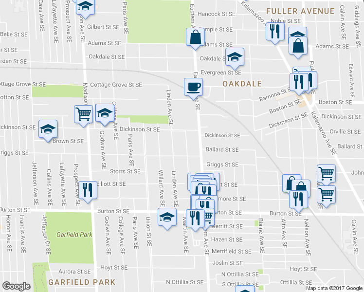 map of restaurants, bars, coffee shops, grocery stores, and more near 1737 Martin Avenue Southeast in Grand Rapids