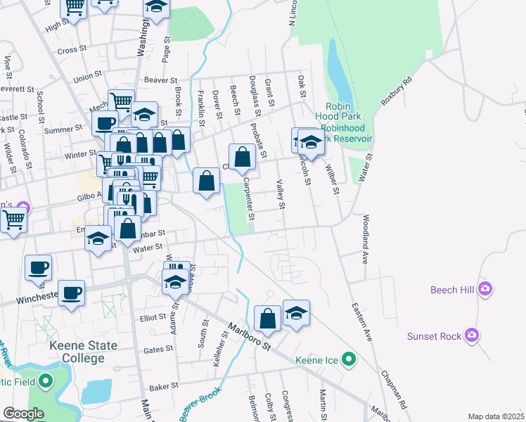 map of restaurants, bars, coffee shops, grocery stores, and more near 84 Carpenter Street in Keene