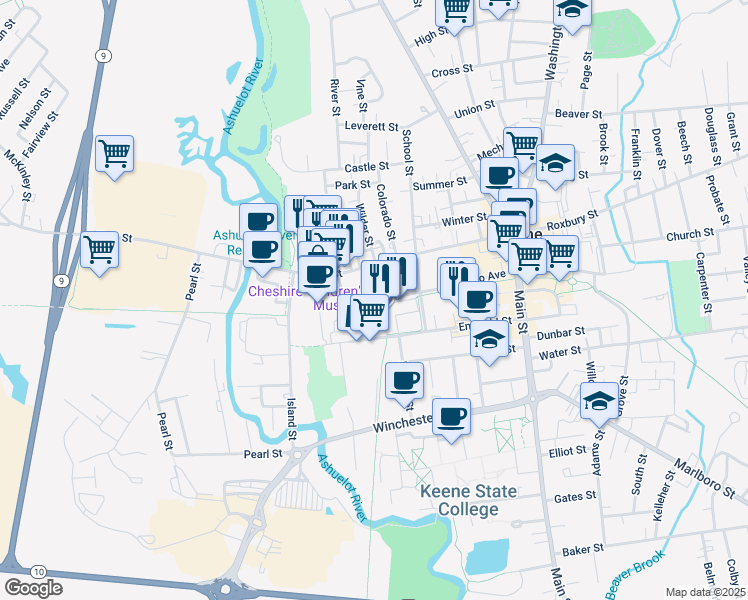 map of restaurants, bars, coffee shops, grocery stores, and more near 194 West Street in Keene