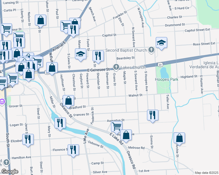 map of restaurants, bars, coffee shops, grocery stores, and more near 26 Sherman Street in Auburn
