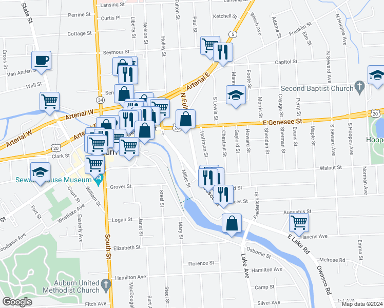 map of restaurants, bars, coffee shops, grocery stores, and more near 133 South Fulton Street in Auburn