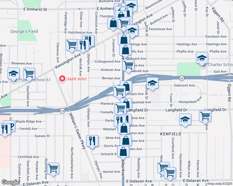 map of restaurants, bars, coffee shops, grocery stores, and more near 106 Cloverdale Avenue in Buffalo