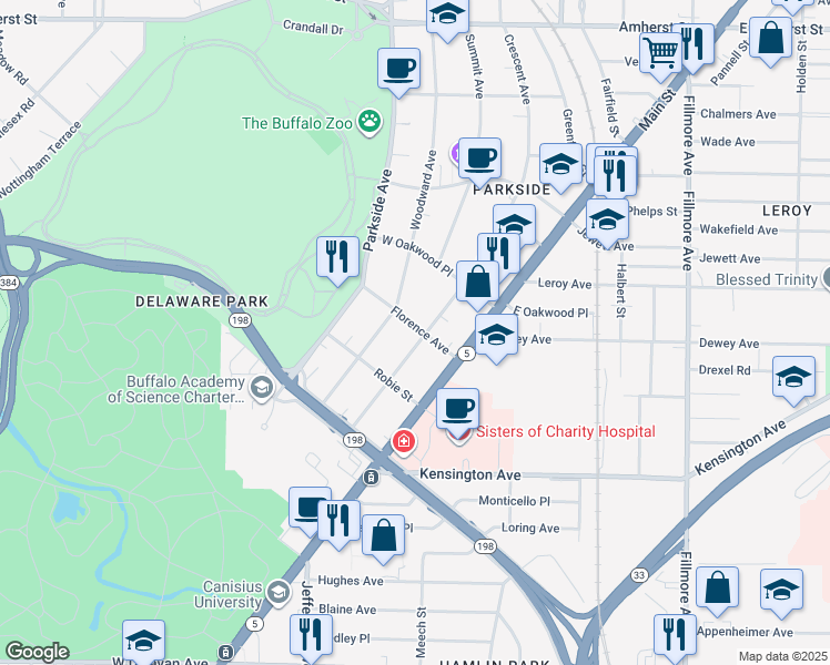 map of restaurants, bars, coffee shops, grocery stores, and more near 60 Florence Avenue in Buffalo