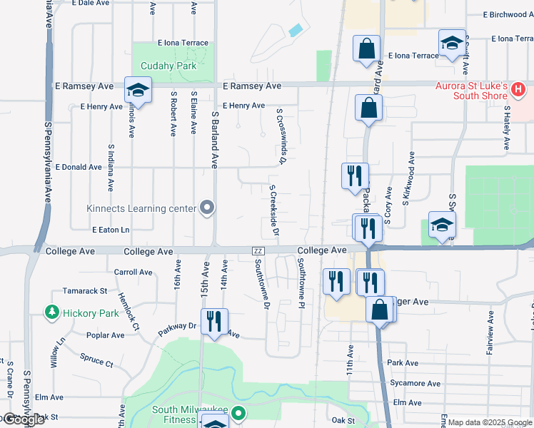 map of restaurants, bars, coffee shops, grocery stores, and more near 6205 South Creekside Drive in Cudahy