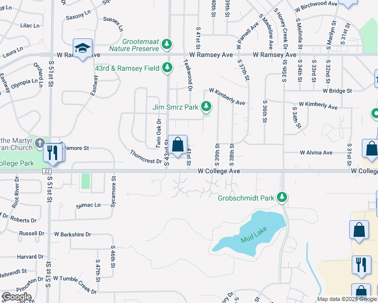 map of restaurants, bars, coffee shops, grocery stores, and more near 4122 West Alvina Avenue in Greenfield