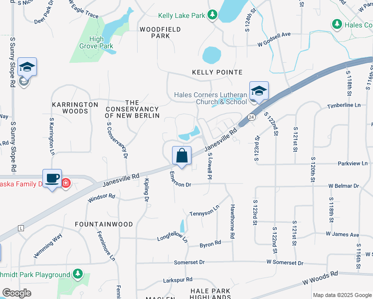 map of restaurants, bars, coffee shops, grocery stores, and more near 12701 West Wyndridge Drive in New Berlin