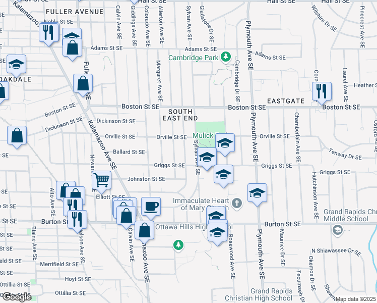 map of restaurants, bars, coffee shops, grocery stores, and more near 1736 Philadelphia Avenue Southeast in Grand Rapids