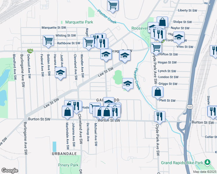 map of restaurants, bars, coffee shops, grocery stores, and more near 1810 Godfrey Avenue Southwest in Wyoming