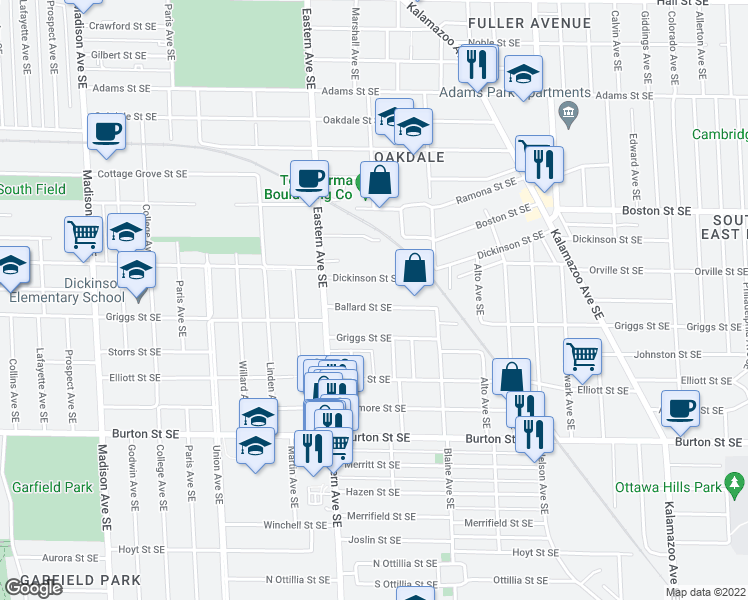 map of restaurants, bars, coffee shops, grocery stores, and more near 855 Ballard Street Southeast in Grand Rapids