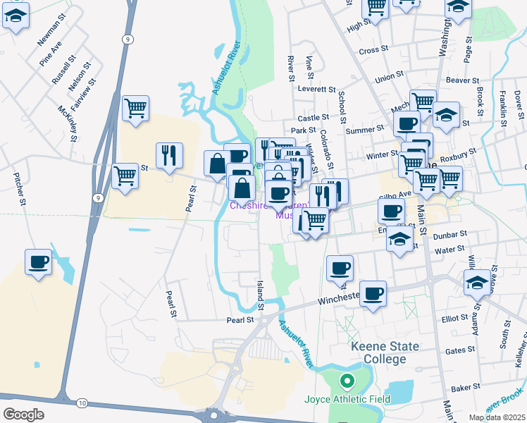 map of restaurants, bars, coffee shops, grocery stores, and more near 92 Island St in Keene