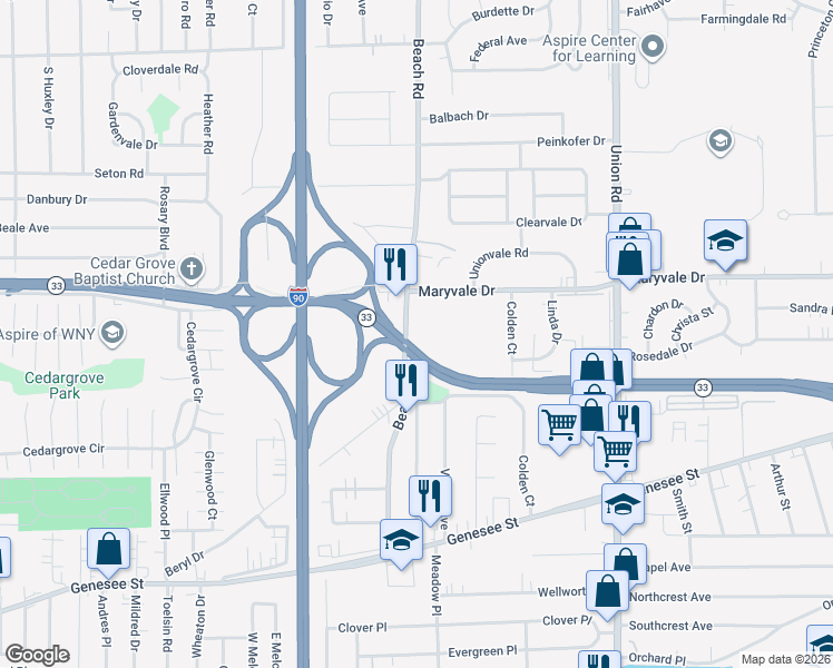 map of restaurants, bars, coffee shops, grocery stores, and more near 393 Beach Road in Buffalo