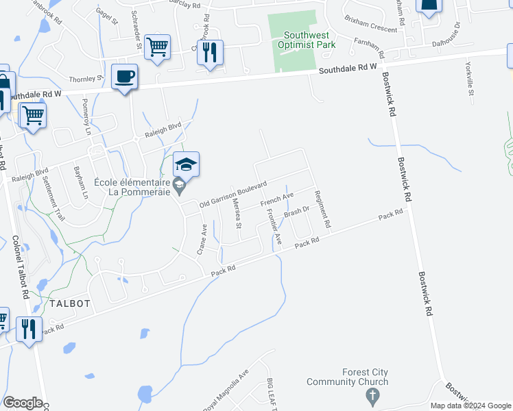 map of restaurants, bars, coffee shops, grocery stores, and more near 6493 French Avenue in London