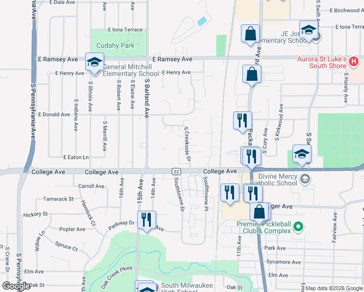map of restaurants, bars, coffee shops, grocery stores, and more near 6205 South Creekside Drive in Cudahy