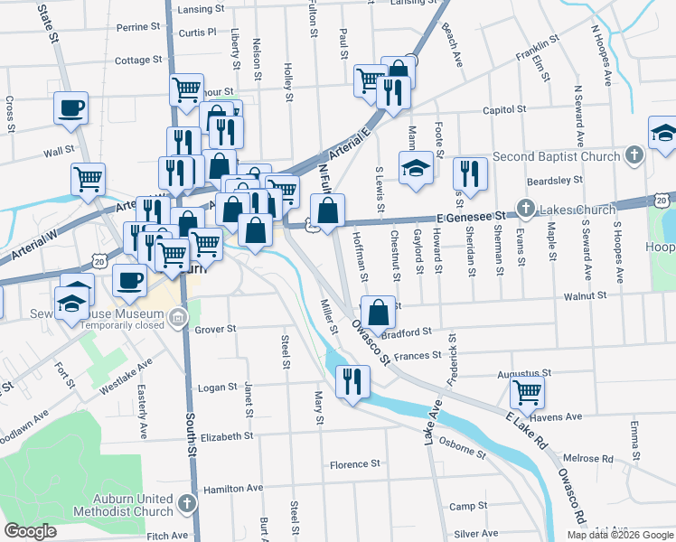 map of restaurants, bars, coffee shops, grocery stores, and more near 133 South Fulton Street in Auburn