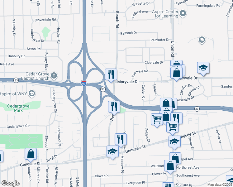 map of restaurants, bars, coffee shops, grocery stores, and more near 393 Beach Rd in Buffalo