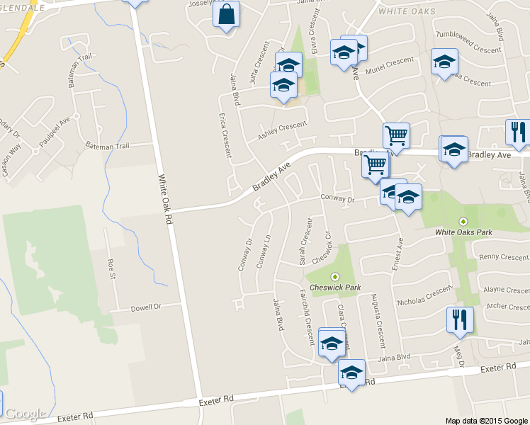 map of restaurants, bars, coffee shops, grocery stores, and more near 164 Conway Drive in London
