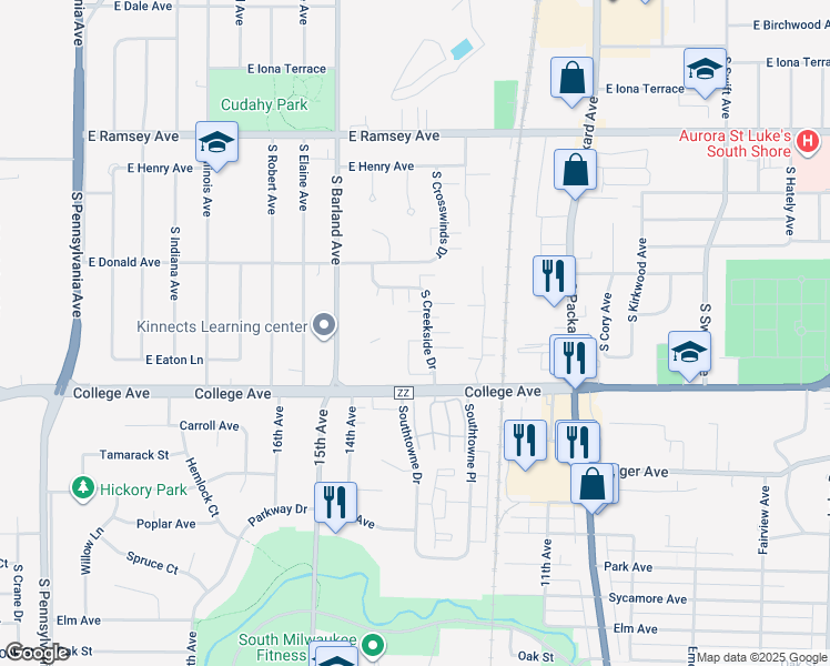 map of restaurants, bars, coffee shops, grocery stores, and more near 6205 South Creekside Drive in Cudahy