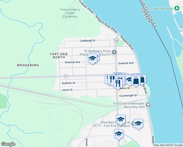 map of restaurants, bars, coffee shops, grocery stores, and more near 264 Phipps Street in Fort Erie