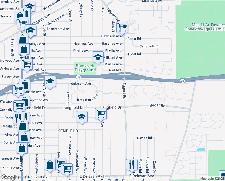 map of restaurants, bars, coffee shops, grocery stores, and more near 40 Congressional Walk in Buffalo