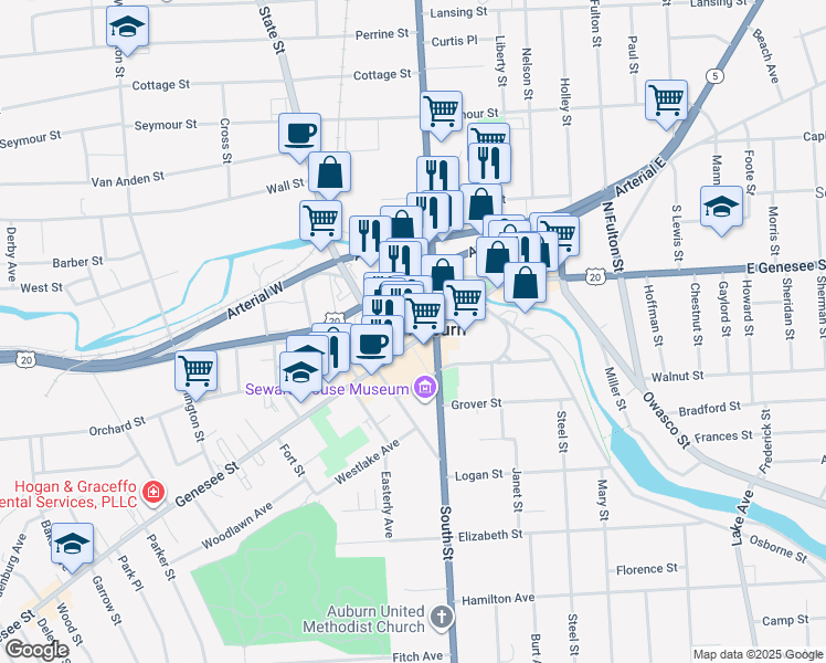 map of restaurants, bars, coffee shops, grocery stores, and more near 103-105 Genesee Street in Auburn