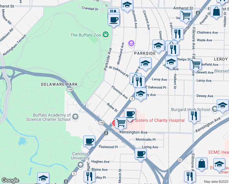 map of restaurants, bars, coffee shops, grocery stores, and more near 60 Florence Avenue in Buffalo