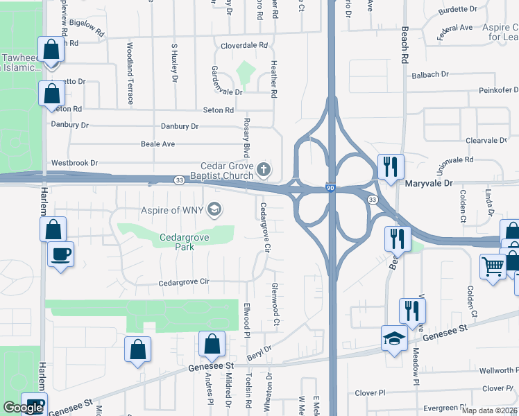 map of restaurants, bars, coffee shops, grocery stores, and more near 9-13 Sandstone Drive in Cheektowaga