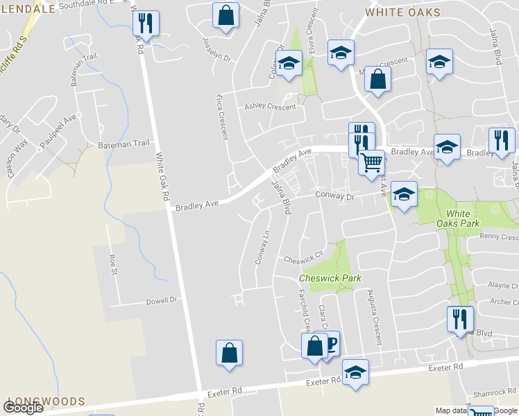 map of restaurants, bars, coffee shops, grocery stores, and more near 164 Conway Drive in London