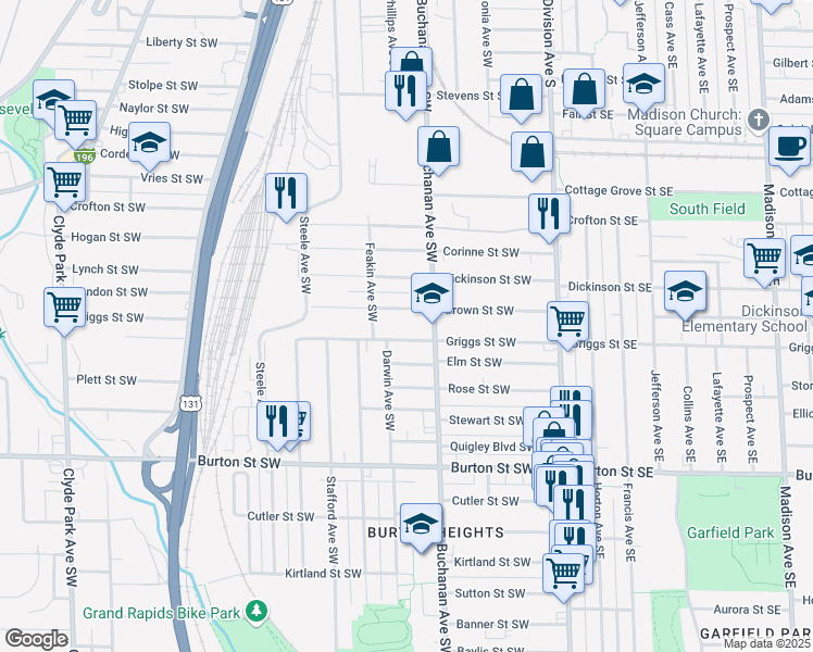 map of restaurants, bars, coffee shops, grocery stores, and more near 216 Griggs Street Southwest in Grand Rapids