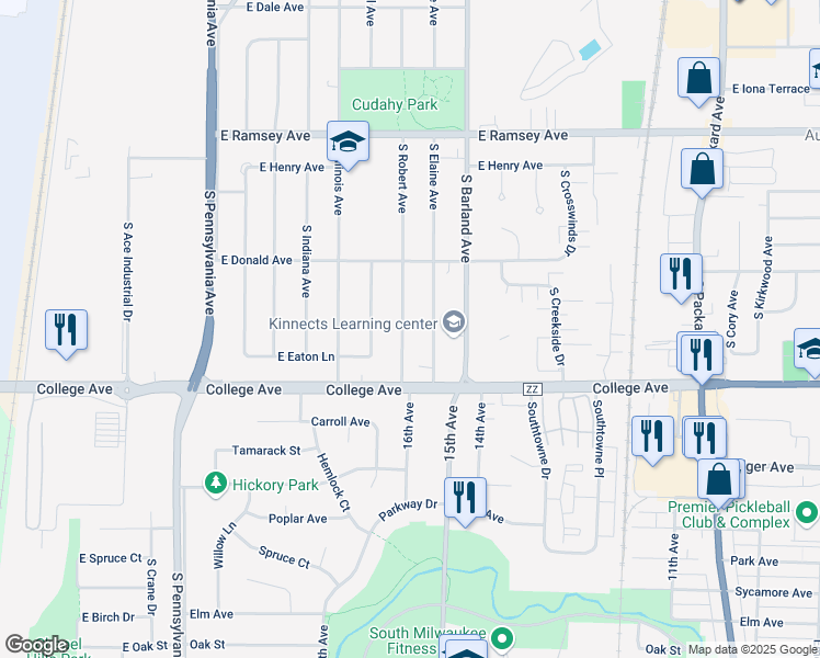 map of restaurants, bars, coffee shops, grocery stores, and more near 6229 South Elaine Avenue in Cudahy