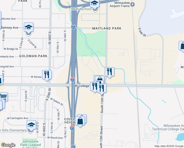 map of restaurants, bars, coffee shops, grocery stores, and more near 1422 West Granada Street in Milwaukee