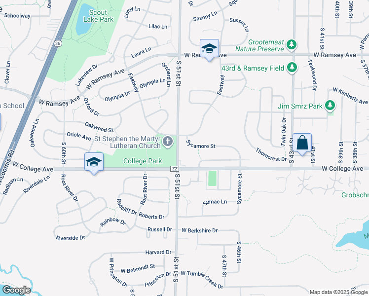 map of restaurants, bars, coffee shops, grocery stores, and more near 6200 South 51st Street in Greendale