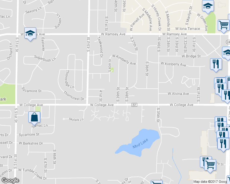 map of restaurants, bars, coffee shops, grocery stores, and more near 6215 South 39th Street in Greenfield