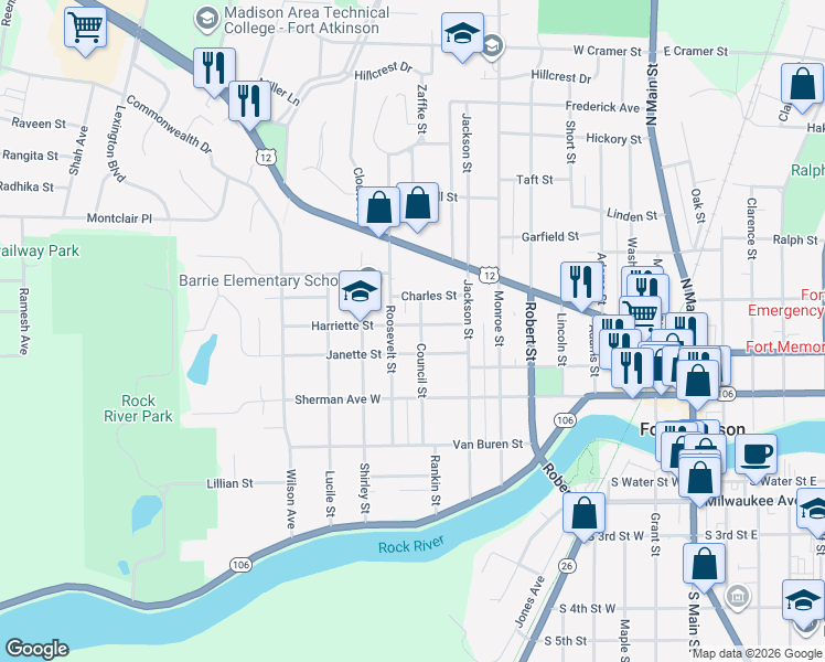 map of restaurants, bars, coffee shops, grocery stores, and more near 309 Council Street in Fort Atkinson
