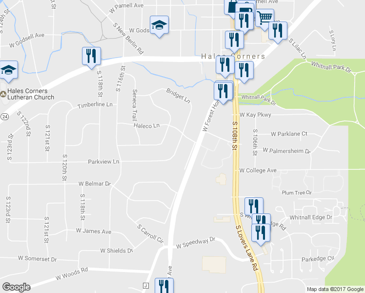 map of restaurants, bars, coffee shops, grocery stores, and more near 11209 Parkview Lane in Hales Corners