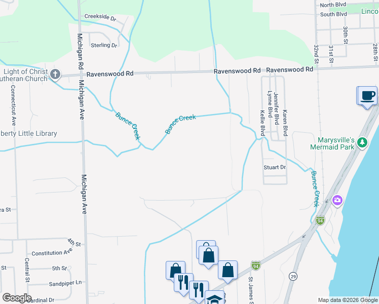 map of restaurants, bars, coffee shops, grocery stores, and more near 3605 Ravenswood Road in Marysville