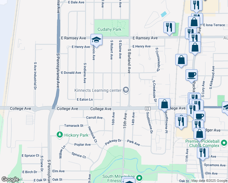 map of restaurants, bars, coffee shops, grocery stores, and more near 6229 South Elaine Avenue in Cudahy